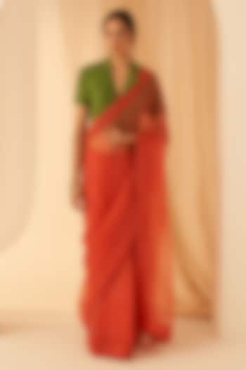 Rust Organza Hand Embroidered Wedding Saree Set by JANKI INDIA at Pernia's Pop Up Shop