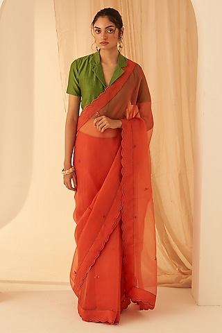 Rust Organza Hand Embroidered Saree Set by JANKI INDIA