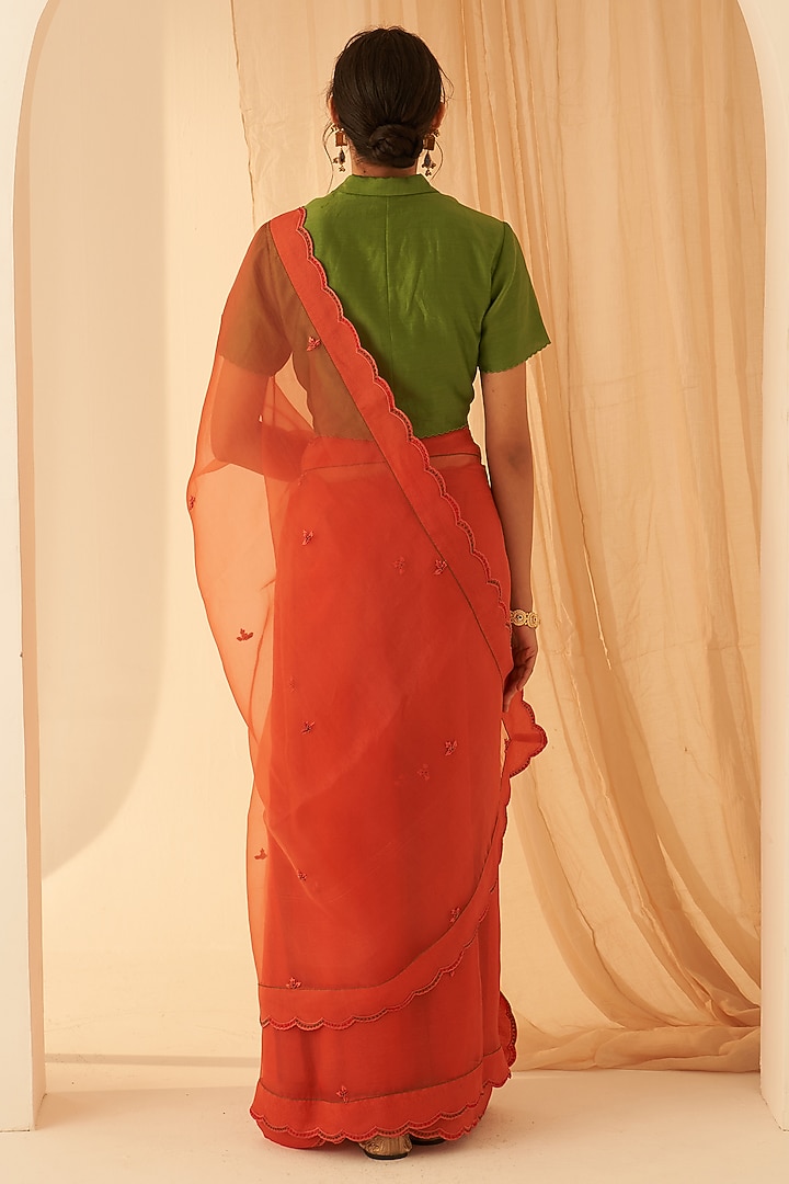 Rust Organza Hand Embroidered Wedding Saree Set by JANKI INDIA at Pernia's Pop Up Shop