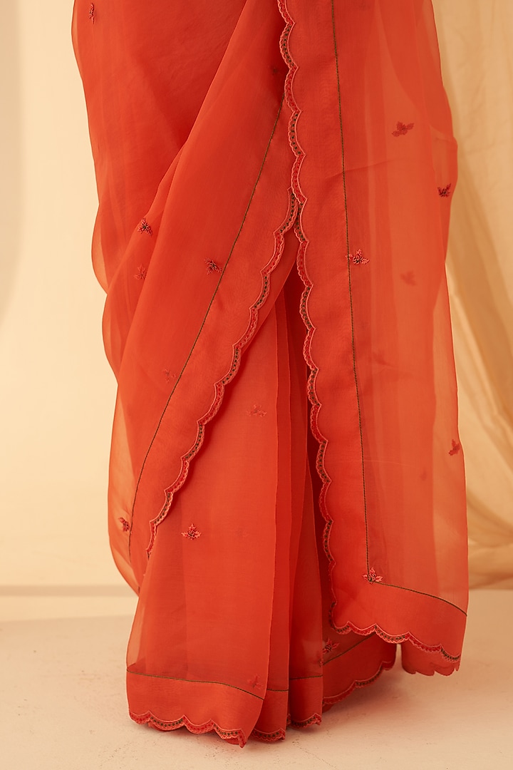 Rust Organza Hand Embroidered Wedding Saree Set by JANKI INDIA at Pernia's Pop Up Shop