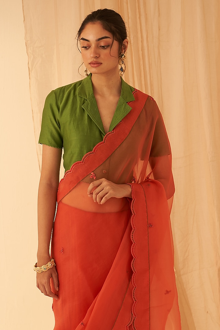 Rust Organza Hand Embroidered Wedding Saree Set by JANKI INDIA at Pernia's Pop Up Shop