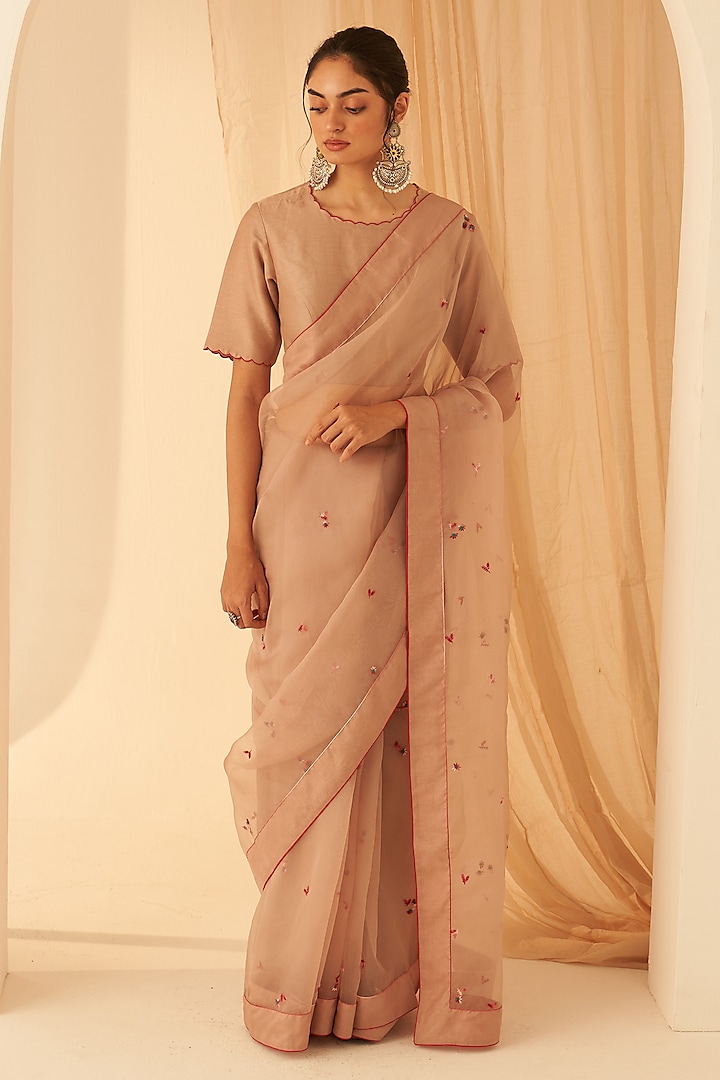 Rose Gold Organza Hand Embroidered Wedding Saree Set by JANKI INDIA at Pernia's Pop Up Shop