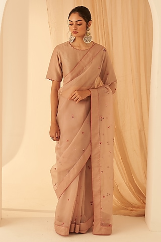 Rose Gold Organza Hand Embroidered Saree Set by JANKI INDIA