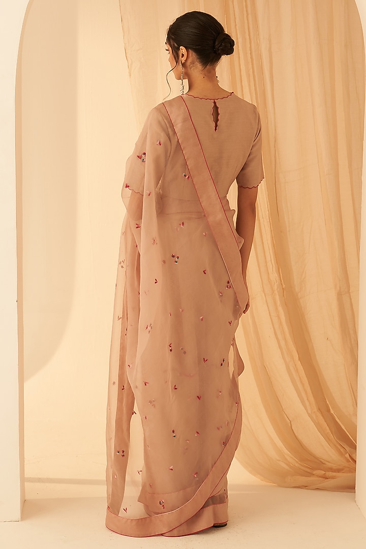 Rose Gold Organza Hand Embroidered Wedding Saree Set by JANKI INDIA at Pernia's Pop Up Shop