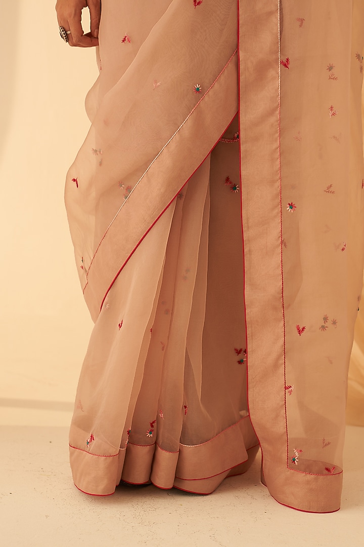 Rose Gold Organza Hand Embroidered Wedding Saree Set by JANKI INDIA at Pernia's Pop Up Shop