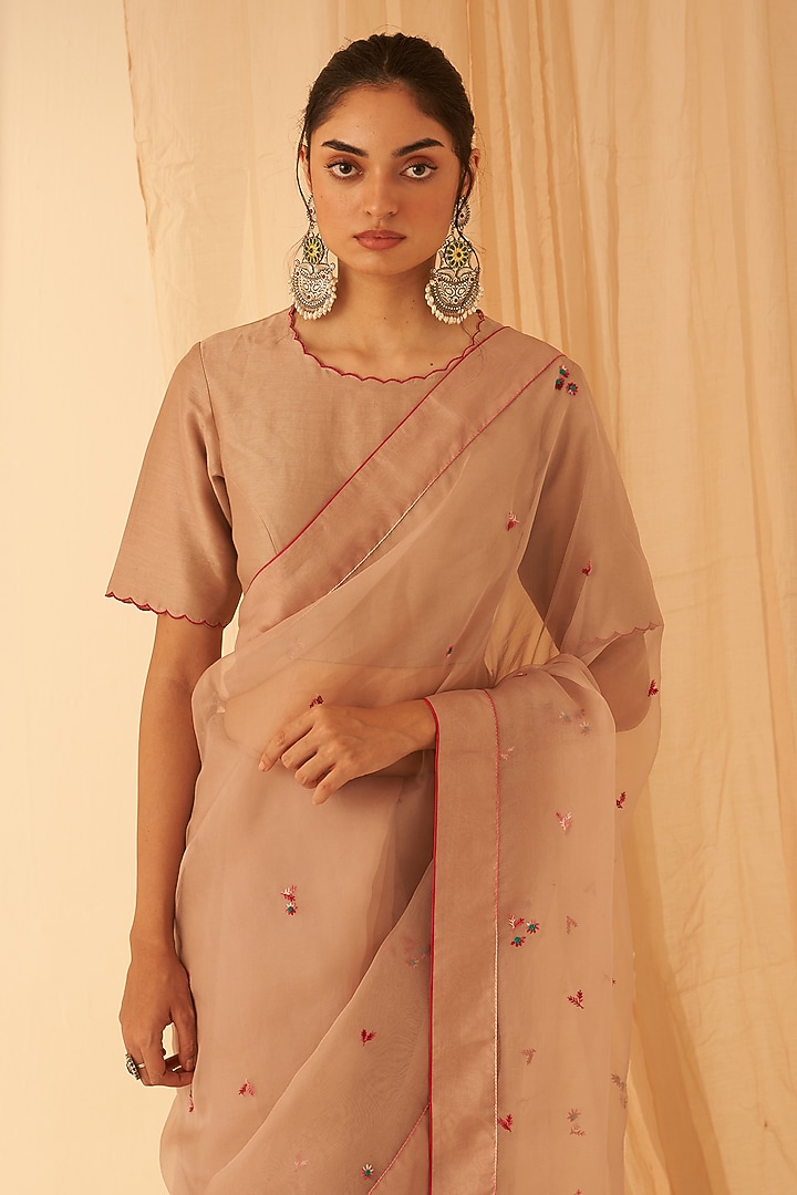 Rose Gold Organza Hand Embroidered Wedding Saree Set by JANKI INDIA at Pernia's Pop Up Shop