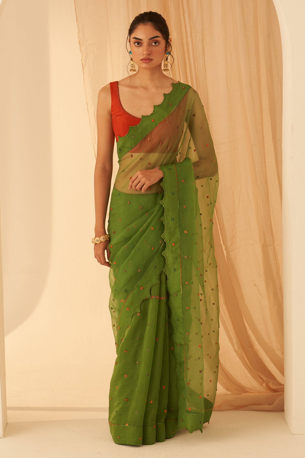 Green Chanderi Organza Embroidered Wedding Saree Set by JANKI INDIA at Pernia's Pop Up Shop