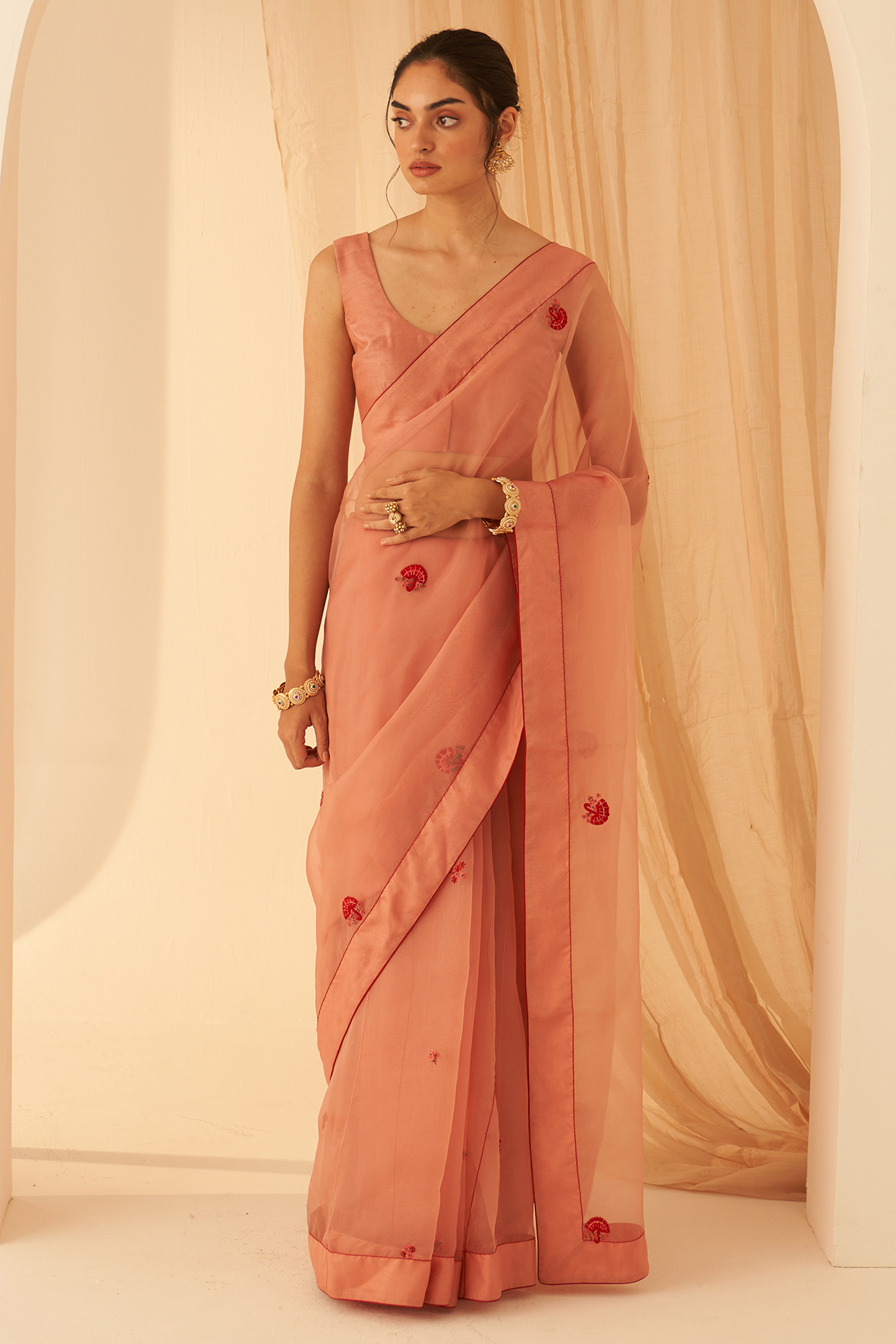 Peach Organza Hand Embroidered Wedding Saree Set by JANKI INDIA at Pernia's Pop Up Shop