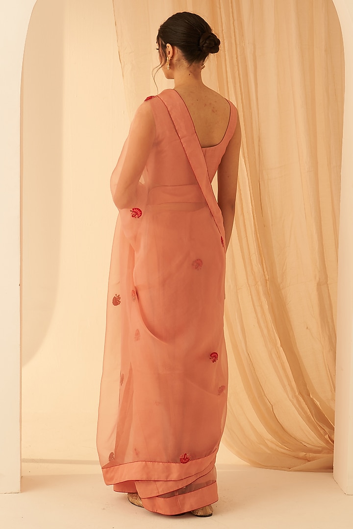 Peach Organza Hand Embroidered Wedding Saree Set by JANKI INDIA at Pernia's Pop Up Shop