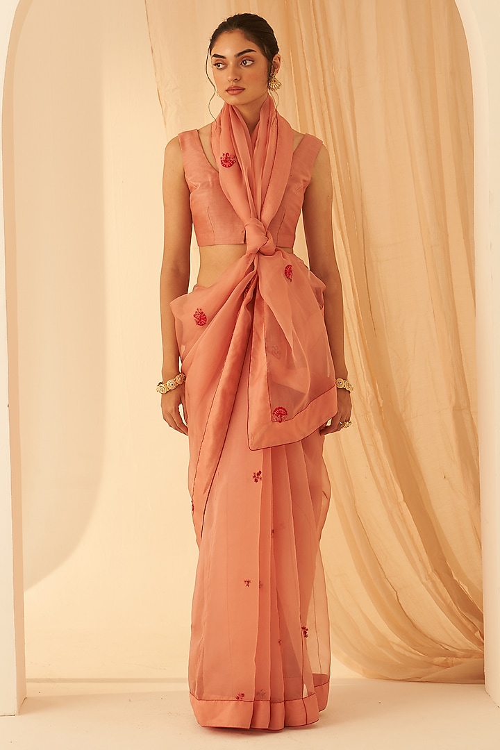 Peach Organza Hand Embroidered Wedding Saree Set by JANKI INDIA at Pernia's Pop Up Shop