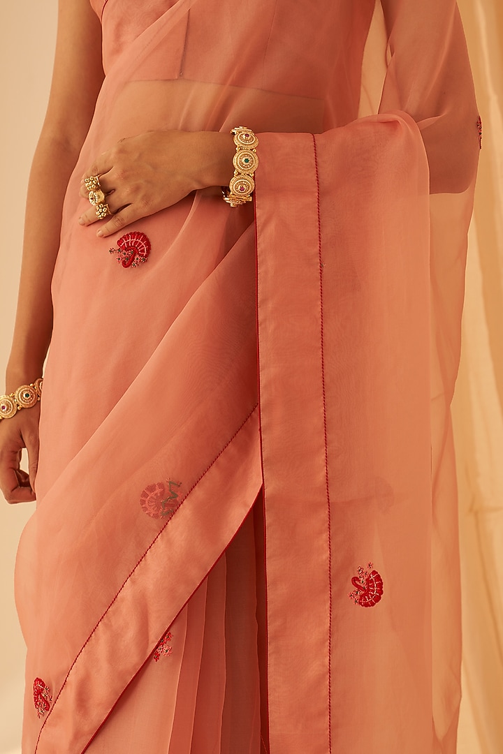 Peach Organza Hand Embroidered Wedding Saree Set by JANKI INDIA at Pernia's Pop Up Shop