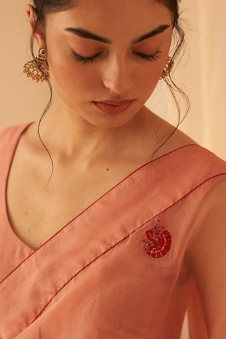 Peach Organza Hand Embroidered Wedding Saree Set by JANKI INDIA at Pernia's Pop Up Shop
