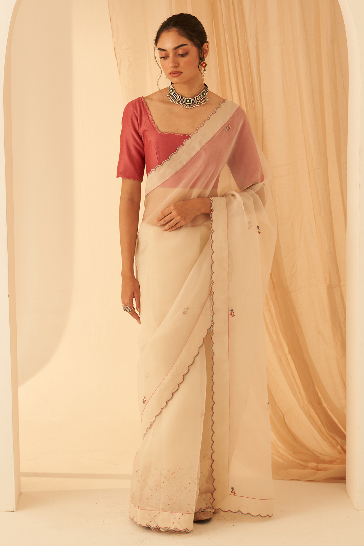 Ivory Organza Resham Jaal Embroidered Wedding Saree Set by JANKI INDIA at Pernia's Pop Up Shop