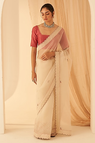Ivory Organza Resham Jaal Embroidered Saree Set by JANKI INDIA