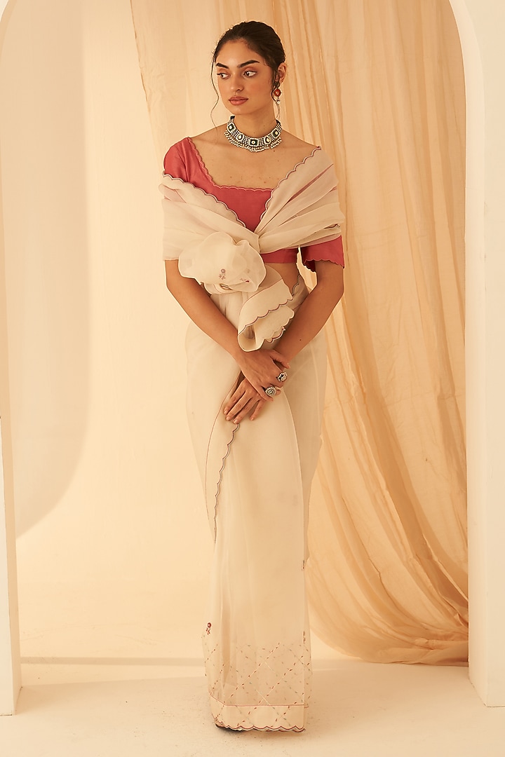 Ivory Organza Resham Jaal Embroidered Wedding Saree Set by JANKI INDIA at Pernia's Pop Up Shop