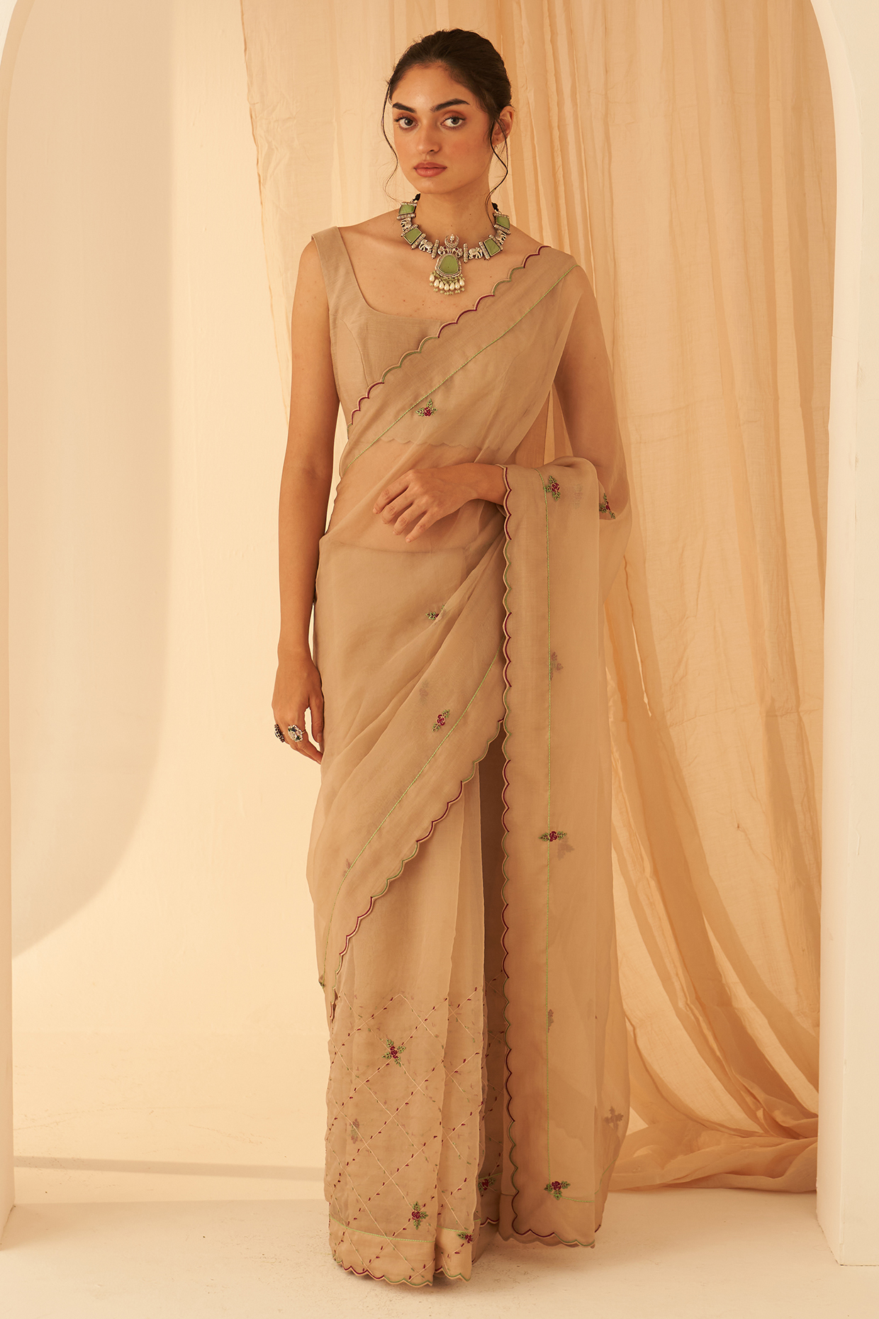 Champagne Organza Zardosi Embroidered Wedding Saree Set by JANKI INDIA at Pernia's Pop Up Shop