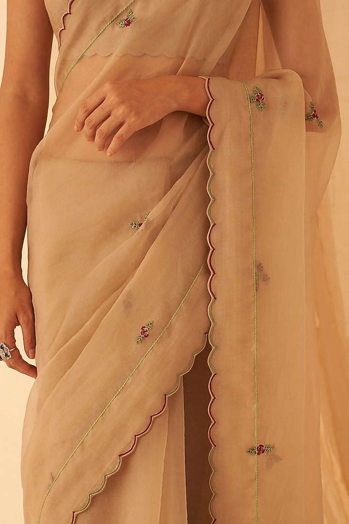Champagne Organza Zardosi Embroidered Wedding Saree Set by JANKI INDIA at Pernia's Pop Up Shop