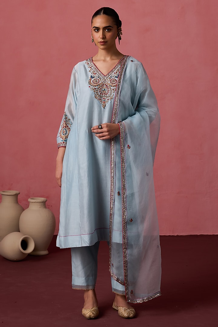 Sky Blue Chanderi Resham Embroidered Kurta Set by JANKI INDIA at Pernia's Pop Up Shop