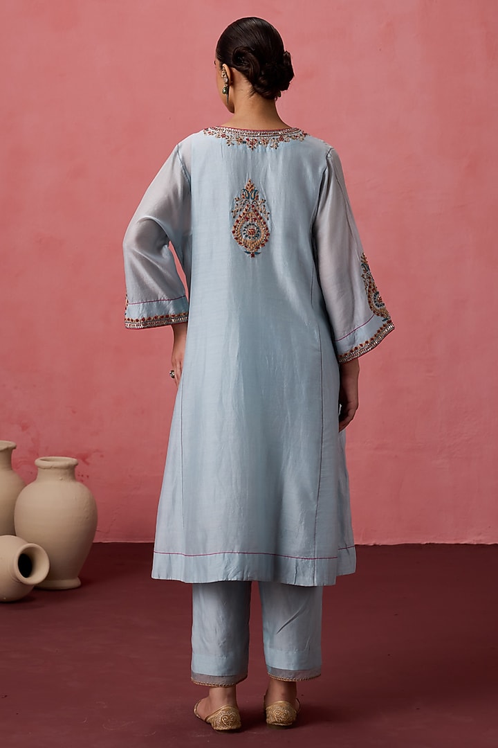 Sky Blue Chanderi Resham Embroidered Kurta Set by JANKI INDIA at Pernia's Pop Up Shop