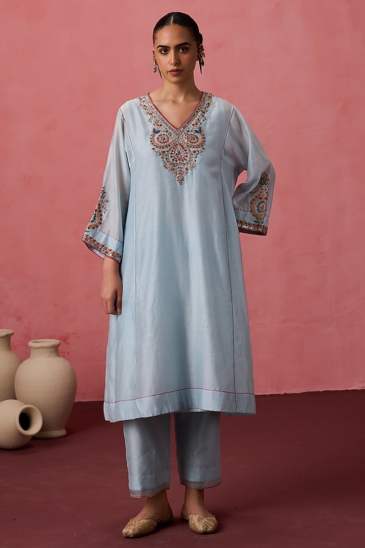 Sky Blue Chanderi Resham Embroidered Kurta Set by JANKI INDIA at Pernia's Pop Up Shop