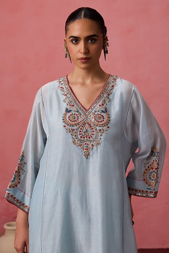 Sky Blue Chanderi Resham Embroidered Kurta Set by JANKI INDIA at Pernia's Pop Up Shop