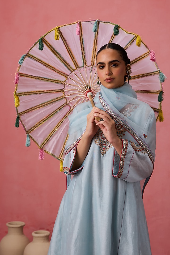 Sky Blue Chanderi Resham Embroidered Kurta Set by JANKI INDIA at Pernia's Pop Up Shop