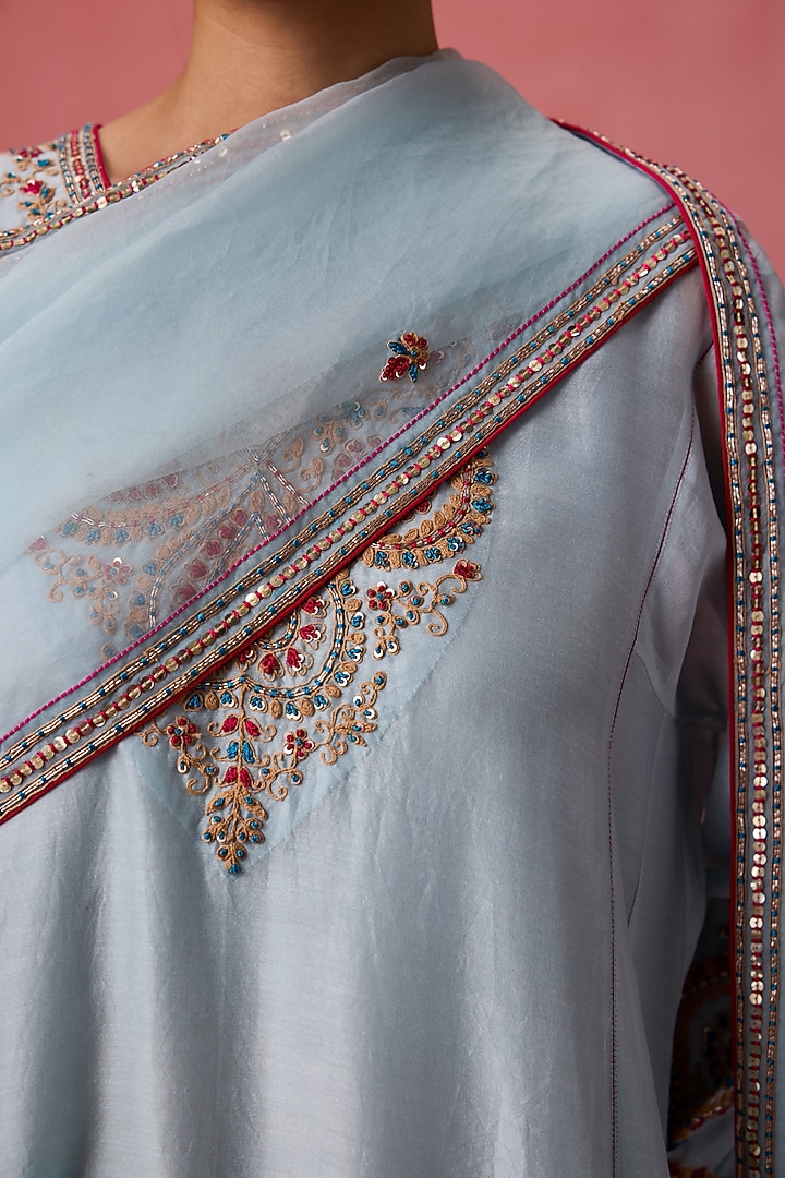 Sky Blue Chanderi Resham Embroidered Kurta Set by JANKI INDIA at Pernia's Pop Up Shop