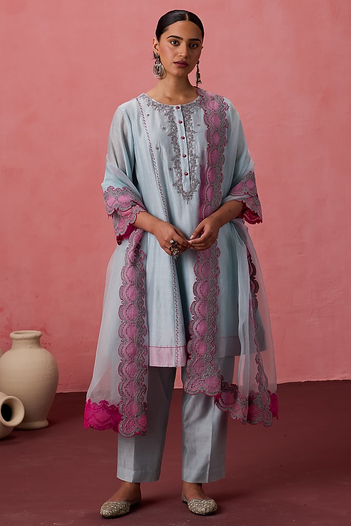 Sky Blue Chanderi Resham Embroidered Kurta Set by JANKI INDIA at Pernia's Pop Up Shop