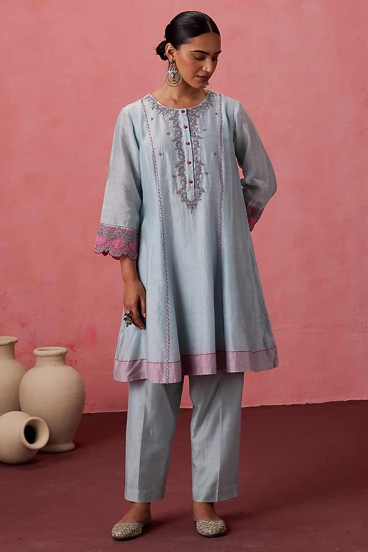 Sky Blue Chanderi Resham Embroidered Kurta Set by JANKI INDIA at Pernia's Pop Up Shop
