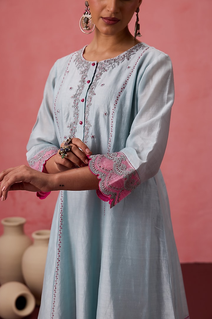 Sky Blue Chanderi Resham Embroidered Kurta Set by JANKI INDIA at Pernia's Pop Up Shop
