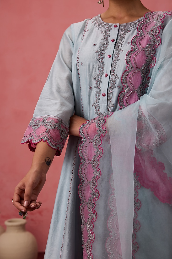 Sky Blue Chanderi Resham Embroidered Kurta Set by JANKI INDIA at Pernia's Pop Up Shop