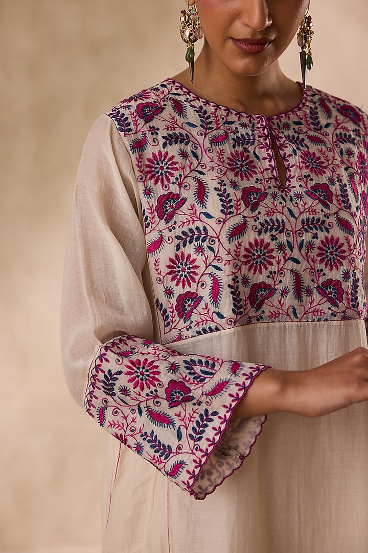 Ivory Chanderi Resham Embroidered Kurta Set by JANKI INDIA at Pernia's Pop Up Shop