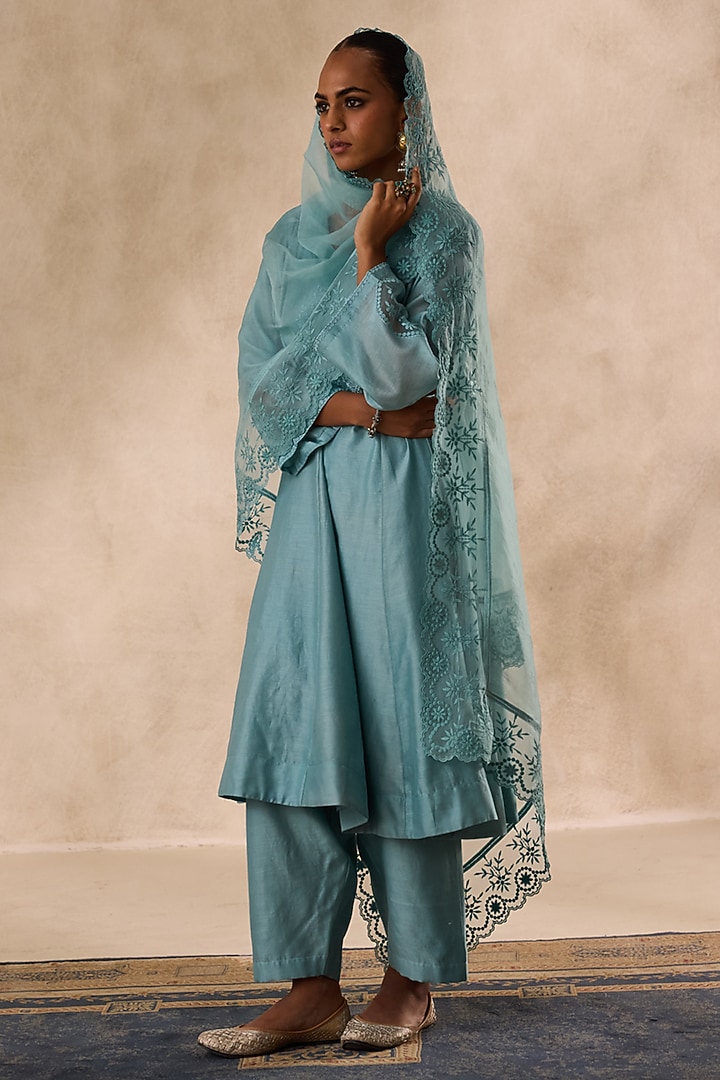 Sky Blue Chanderi Resham Embroidered Kurta Set by JANKI INDIA at Pernia's Pop Up Shop