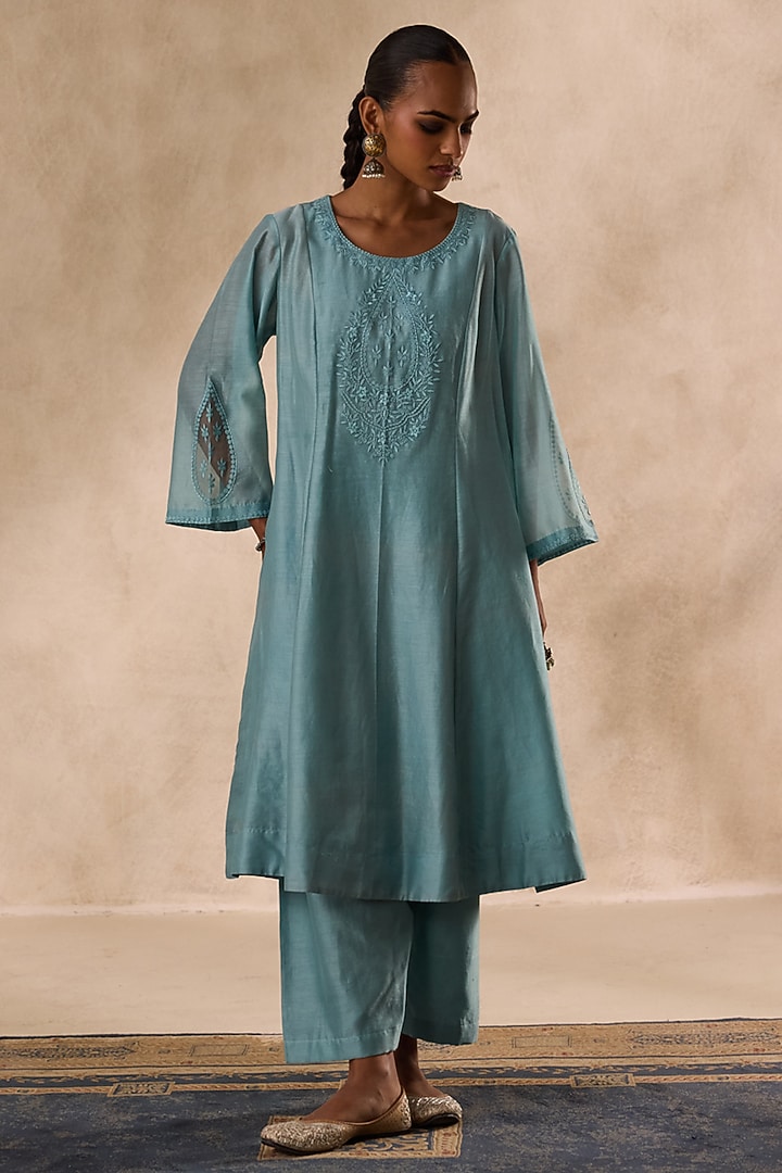 Sky Blue Chanderi Resham Embroidered Kurta Set by JANKI INDIA at Pernia's Pop Up Shop