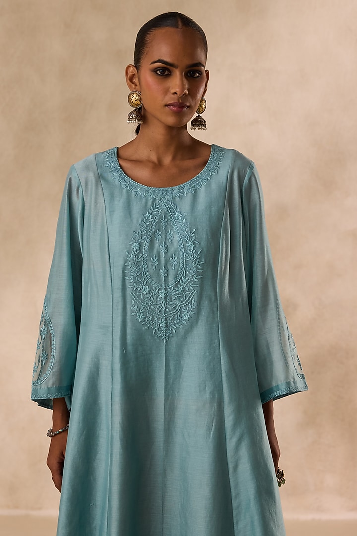 Sky Blue Chanderi Resham Embroidered Kurta Set by JANKI INDIA at Pernia's Pop Up Shop