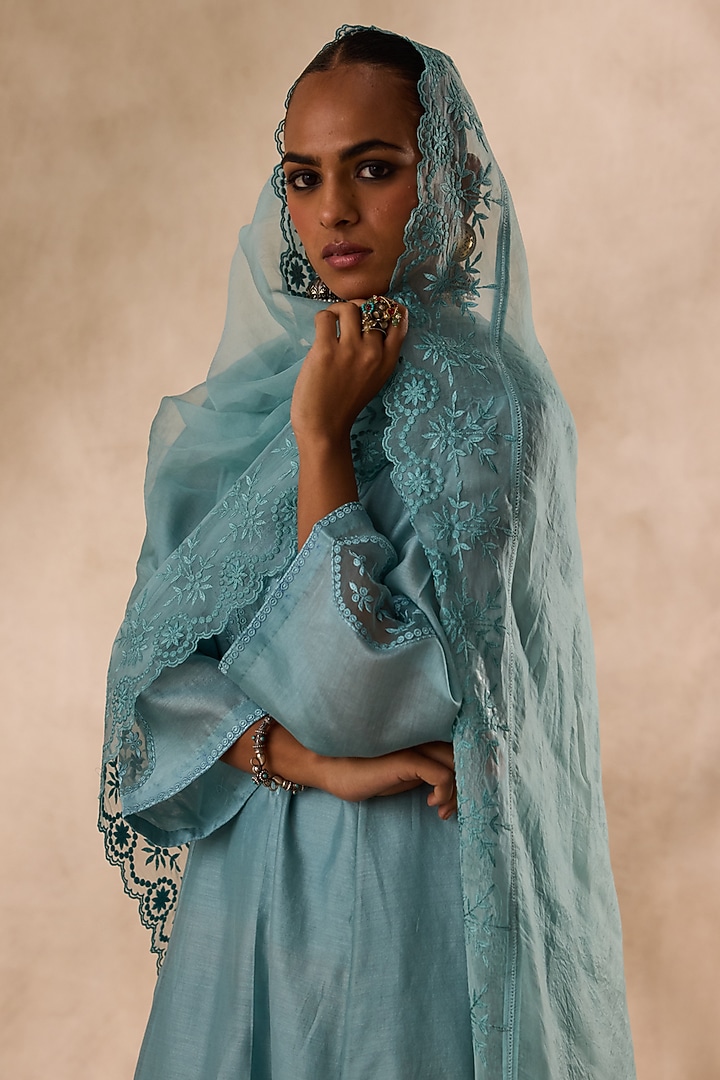Sky Blue Chanderi Resham Embroidered Kurta Set by JANKI INDIA at Pernia's Pop Up Shop