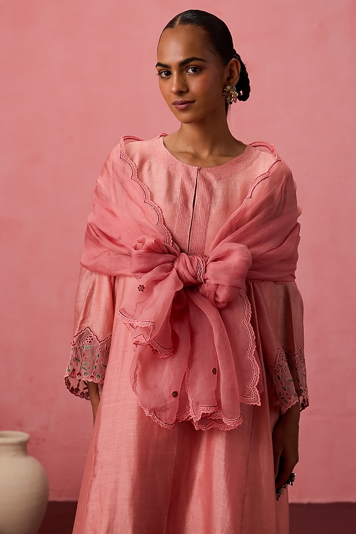 Peach Chanderi Embroidered Kurta Set by JANKI INDIA at Pernia's Pop Up Shop