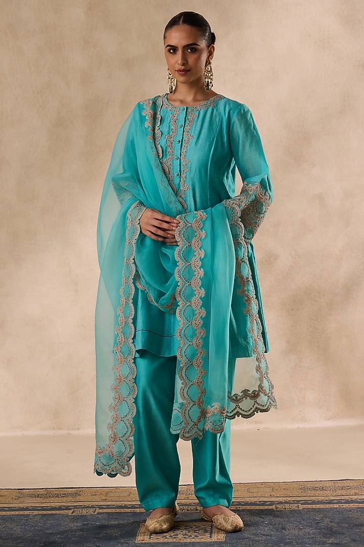 Sky Blue Chanderi Dori Embroidered Kurta Set by JANKI INDIA at Pernia's Pop Up Shop