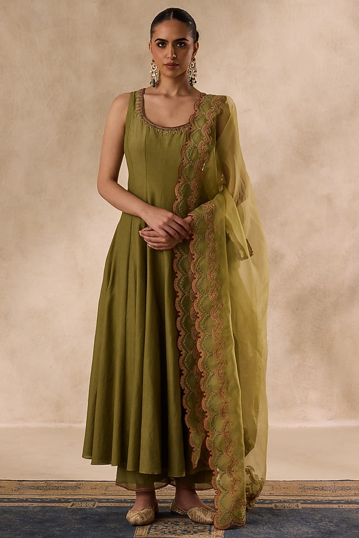 Mehendi Green Cotton Silk Dori Embroidered Party Wear Anarkali Set by JANKI INDIA at Pernia's Pop Up Shop