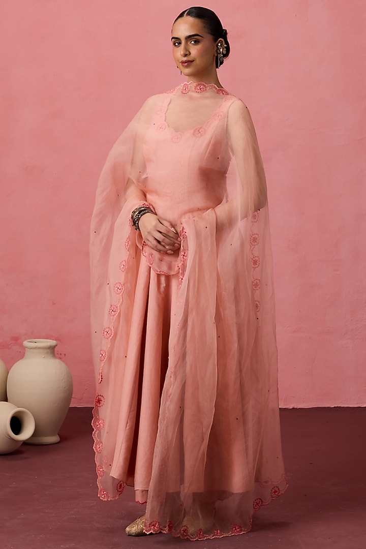 Peach Cotton Silk Dori Embroidered Party Wear Anarkali Set by JANKI INDIA at Pernia's Pop Up Shop