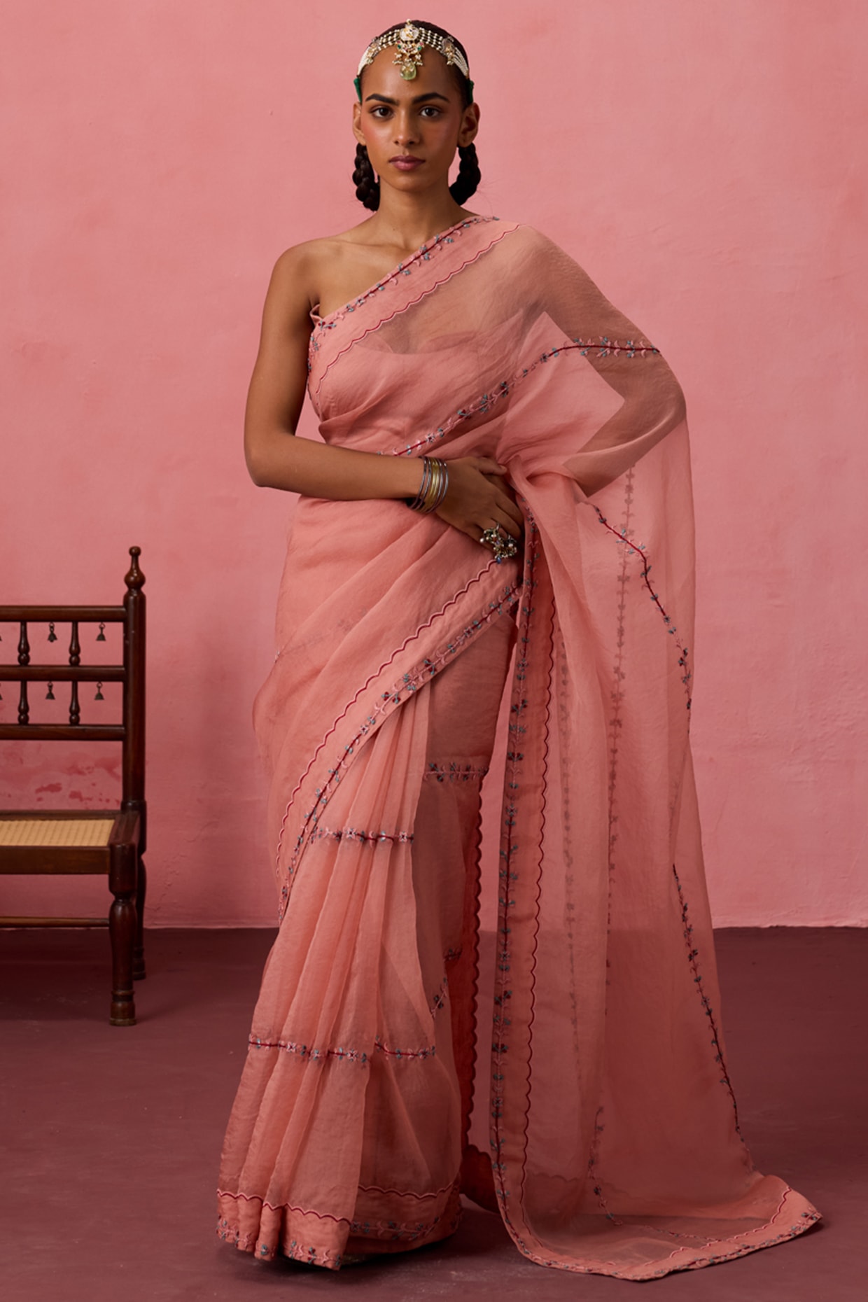 JANKI INDIA Peach Organza Embroidered Saree Set