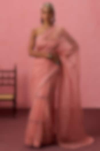 Peach Organza Embroidered Wedding Saree Set by JANKI INDIA at Pernia's Pop Up Shop