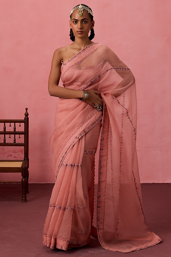 Peach Organza Embroidered Wedding Saree Set by JANKI INDIA at Pernia's Pop Up Shop