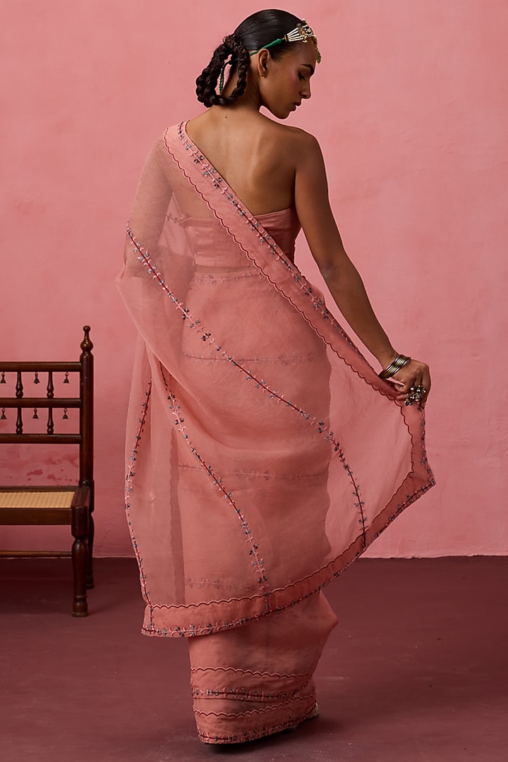 Peach Organza Embroidered Wedding Saree Set by JANKI INDIA at Pernia's Pop Up Shop
