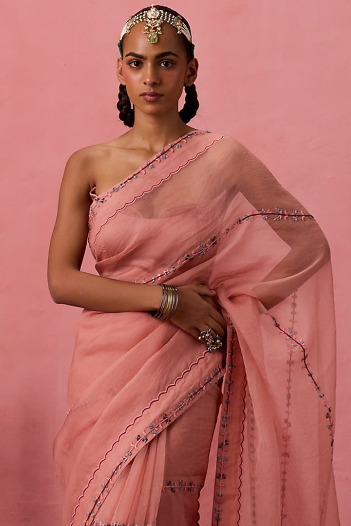 Peach Organza Embroidered Wedding Saree Set by JANKI INDIA at Pernia's Pop Up Shop