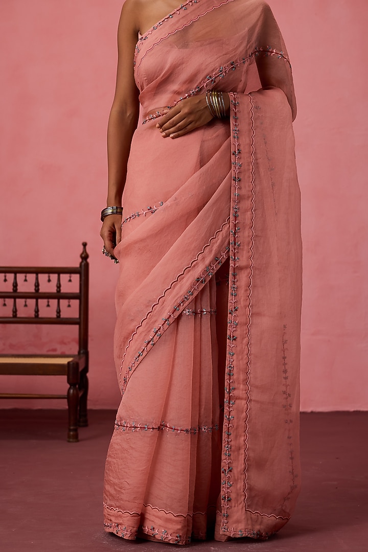 Peach Organza Embroidered Wedding Saree Set by JANKI INDIA at Pernia's Pop Up Shop
