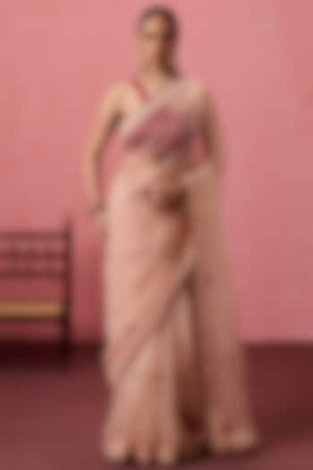 Cozy Peach Organza Boota Embroidered Party Wear Saree Set by JANKI INDIA at Pernia's Pop Up Shop