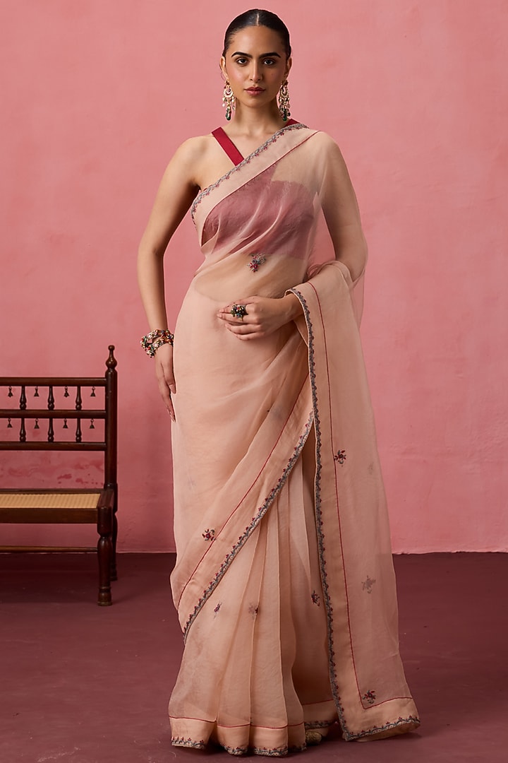 Cozy Peach Organza Boota Embroidered Party Wear Saree Set by JANKI INDIA at Pernia's Pop Up Shop