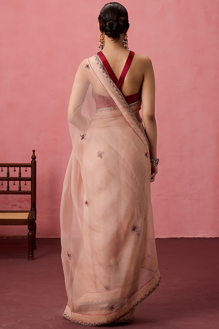 Cozy Peach Organza Boota Embroidered Party Wear Saree Set by JANKI INDIA at Pernia's Pop Up Shop