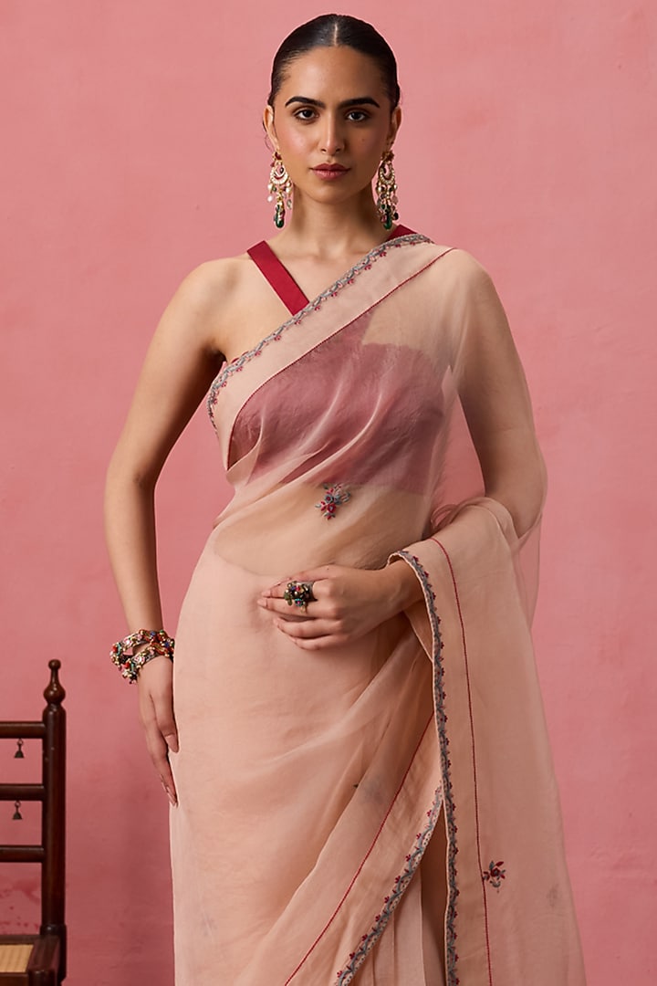 Cozy Peach Organza Boota Embroidered Party Wear Saree Set by JANKI INDIA at Pernia's Pop Up Shop